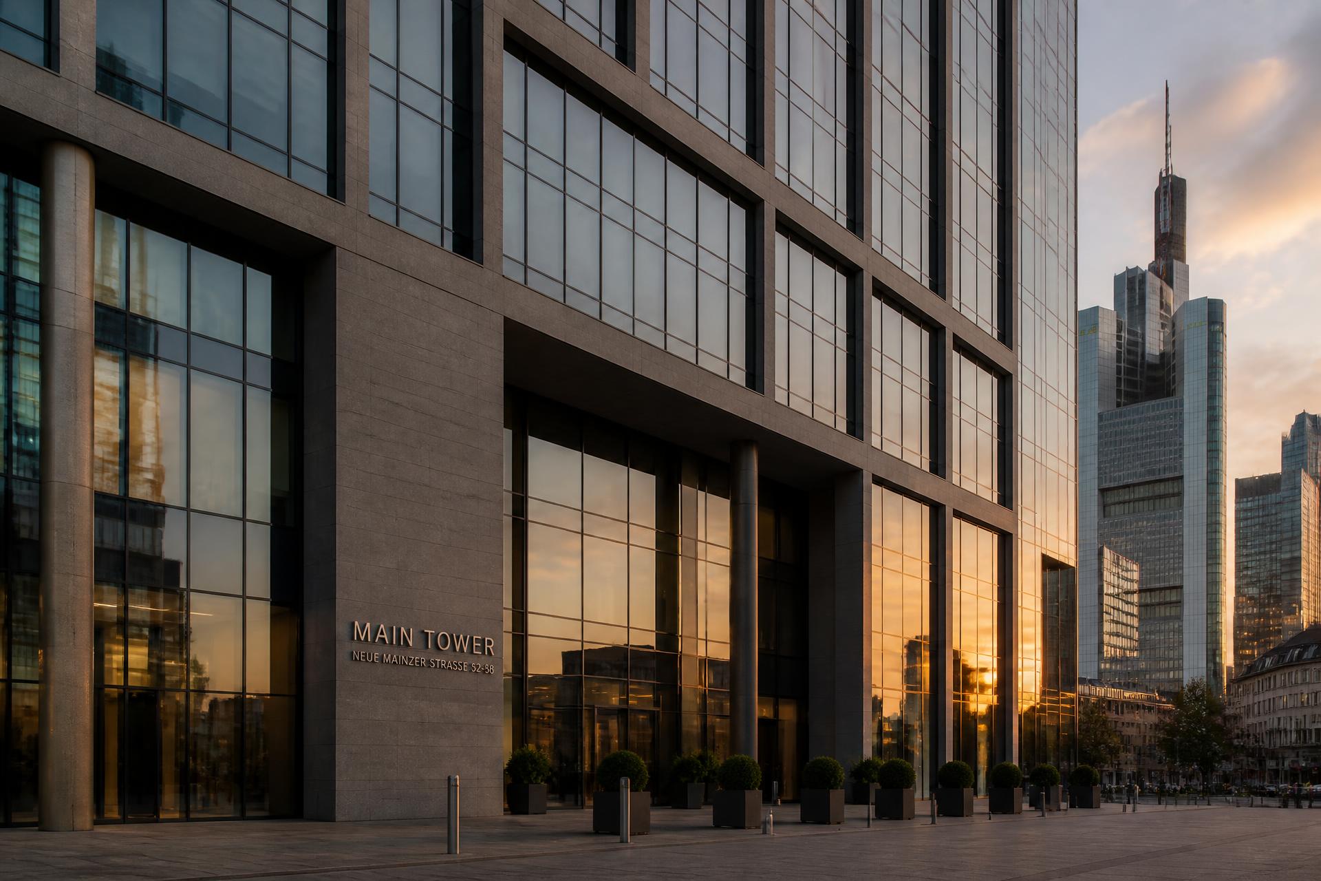 Moderne Bürogebäude in Frankfurt am Main im Abendlicht
